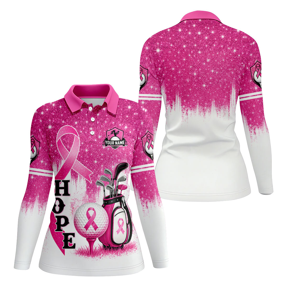 Custom Female Golfer Hope Breast Cancer Polo Shirt, Women’s Golf Apparel, Ladies Golf Top