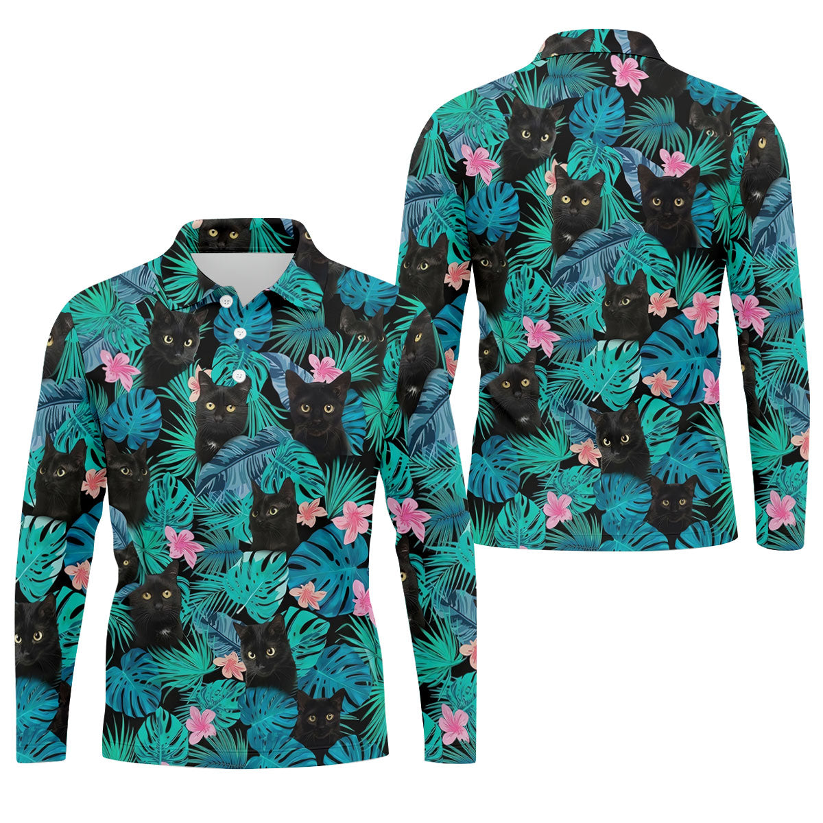 Black Cat Tropical Monstera Hawaiian Golf Polo Shirt, Hawaiian Golf Shirt, Golf Shirts For Men