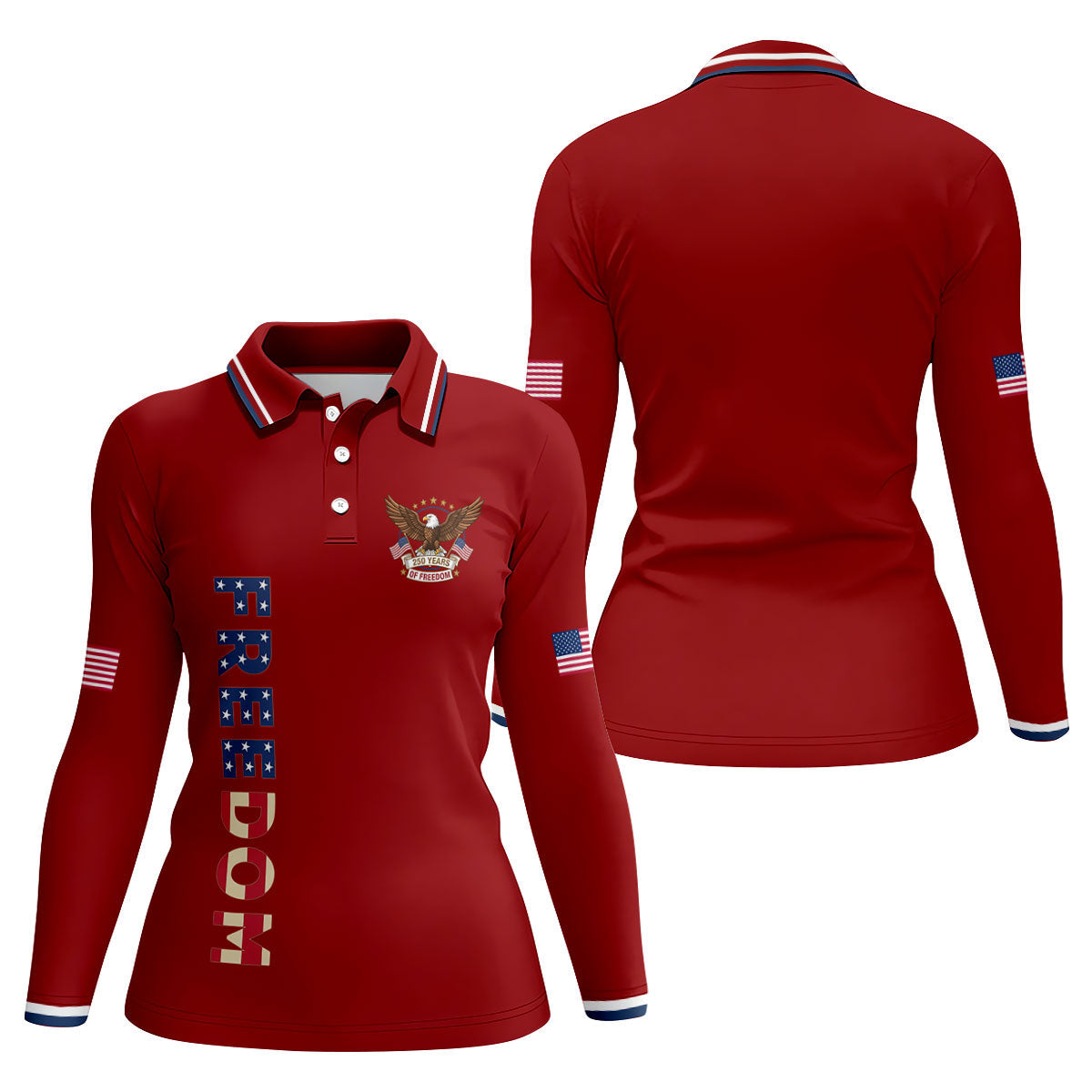 250 Years Of Freedom US Flag Logo Red Golf Shirt, Patriotic 4th Of July Golf Shirt For Women