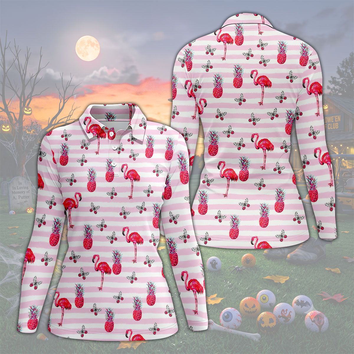 Pink Flamingo Pineapple Hawaiian Golf Polo Shirt, Golf Tops For Women, Printed Golf Shirt