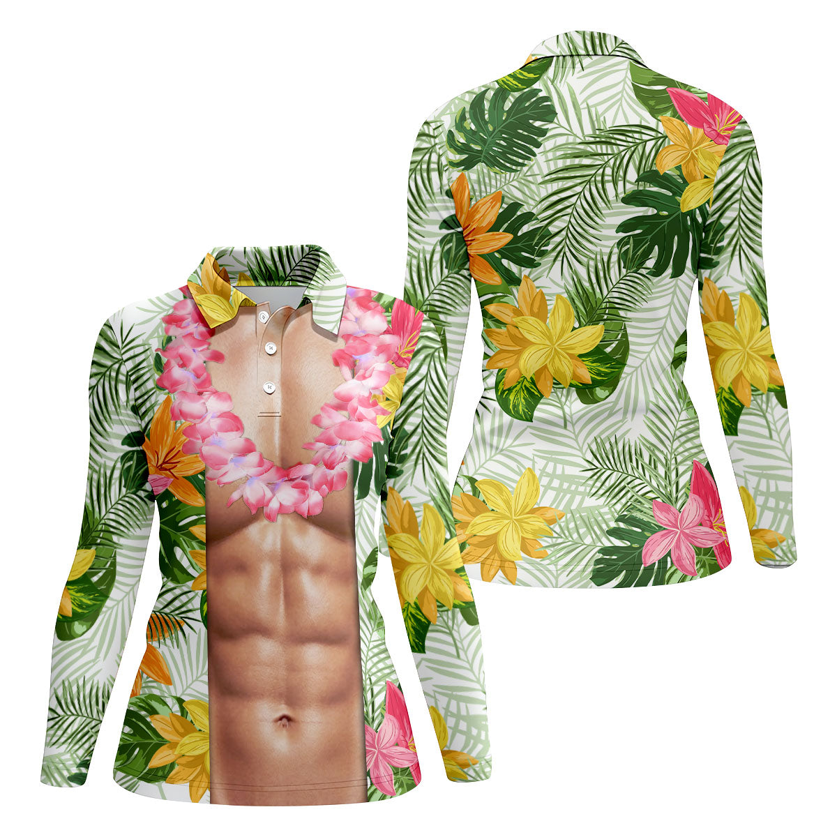 Light Skin Tropical Muscle Chest Hawaiian Golf Polo Shirt, Golf Shirts For Women, Women's Golf Apparel