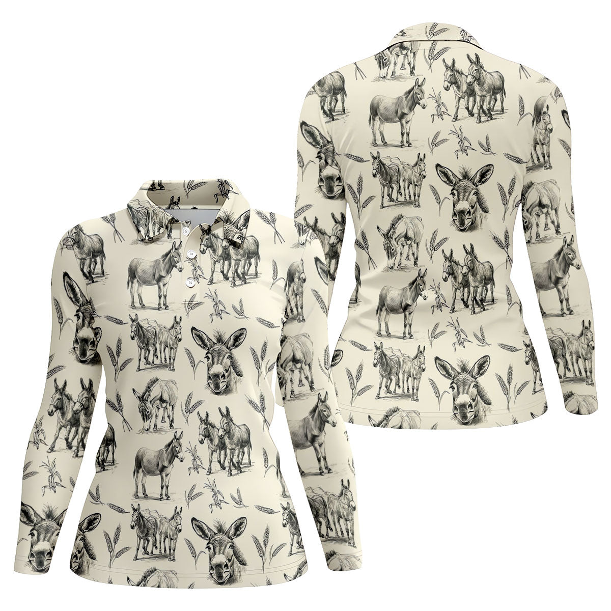Vintage Donkey Sketch Pattern Hawaiian Golf Polo Shirt, Golf Shirts For Women, Women's Golf Apparel