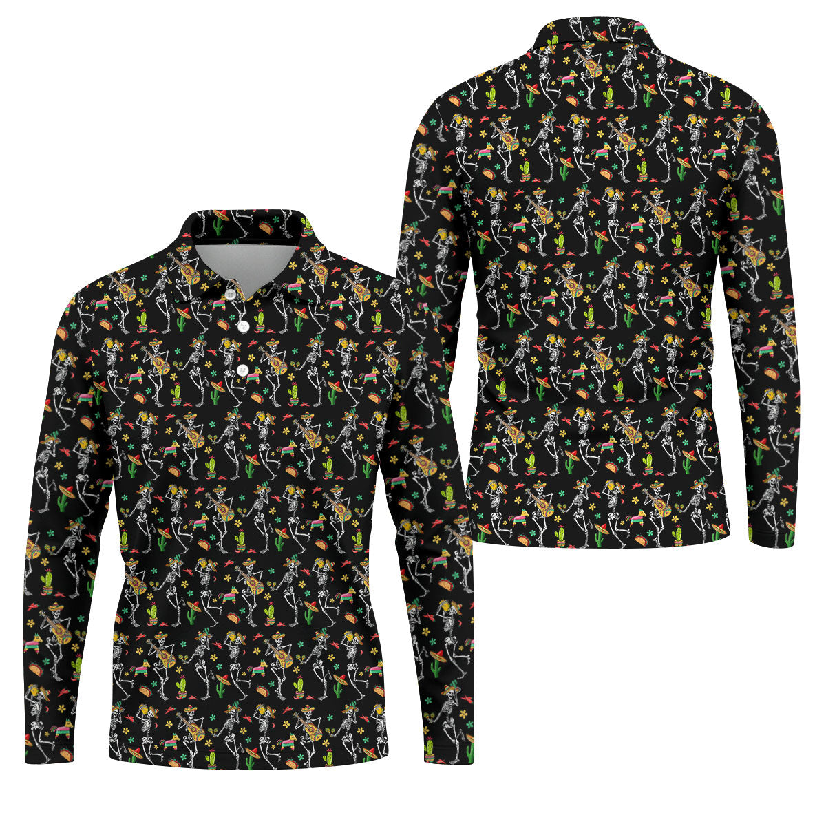 Dia De Muertos Skeletons Cinco De Mayo Celebration Fiesta Themed Black Golf Shirts For Men