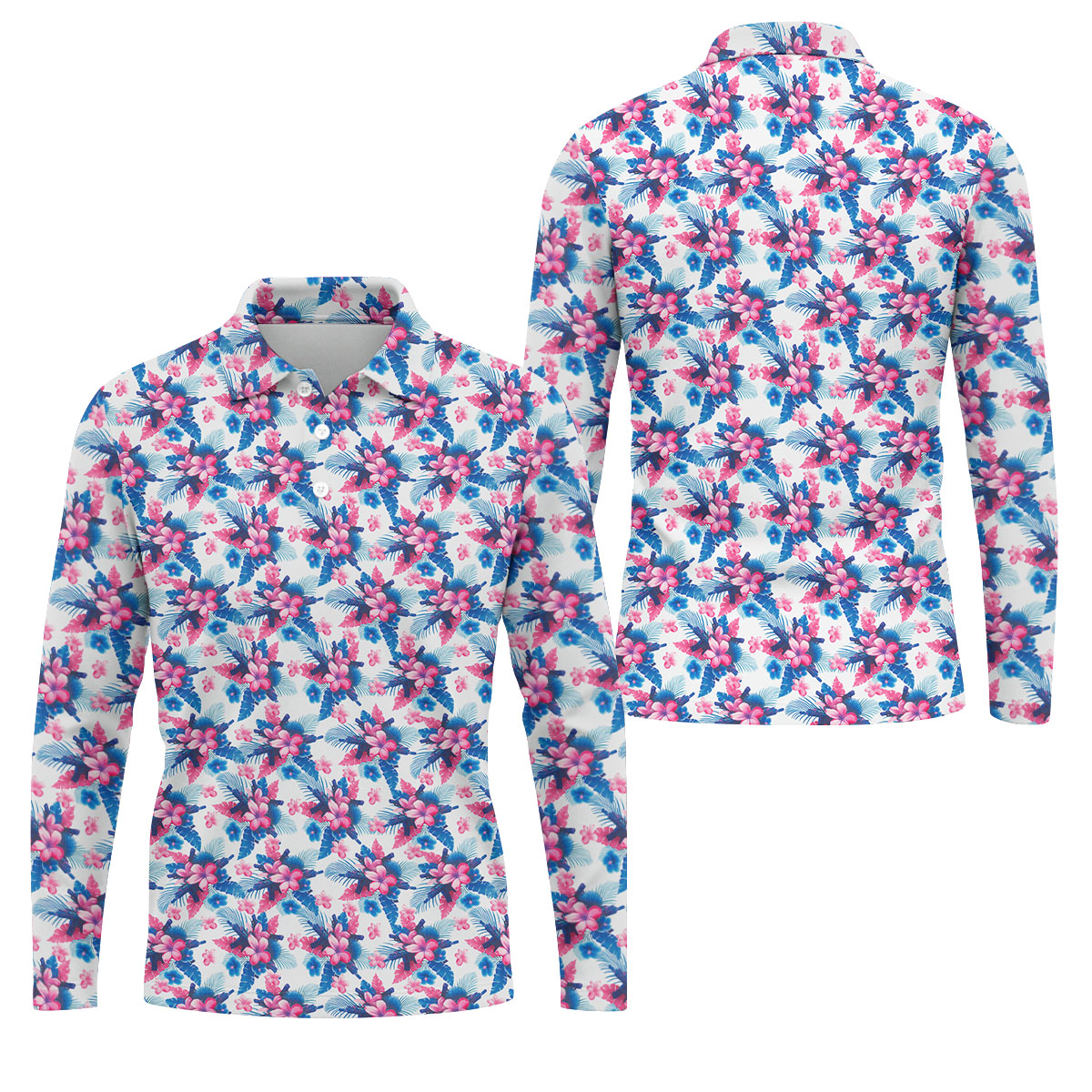 Pink Blue Tropical Floral Hawaiian Golf Shirt, Vibrant Color Golf Shirts For Men