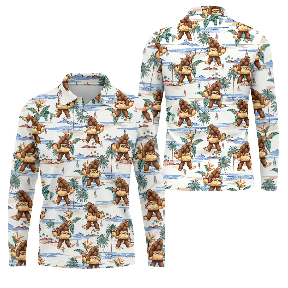 Bigfoot Hot Dog Beach Hawaiian Shirt, Mens Golf Polo, Hawaiian Golf Shirt, Golf Apparel For Men