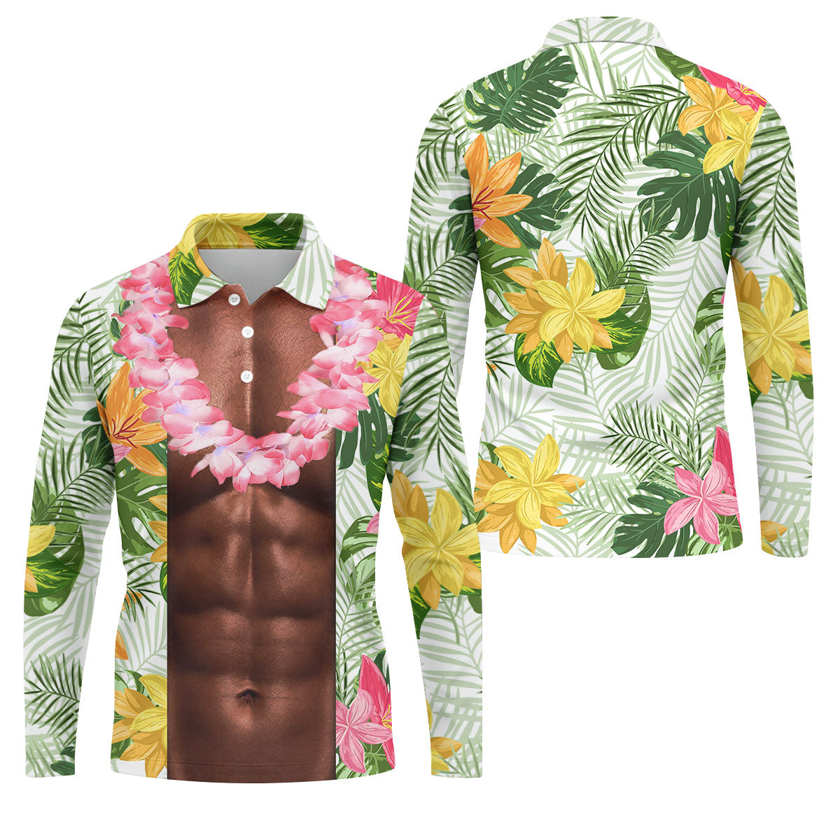 Tan Skin Tropical Muscle Chest Hawaiian Golf Polo Shirt, Golf Apparel For Men, Printed Golf Shirts