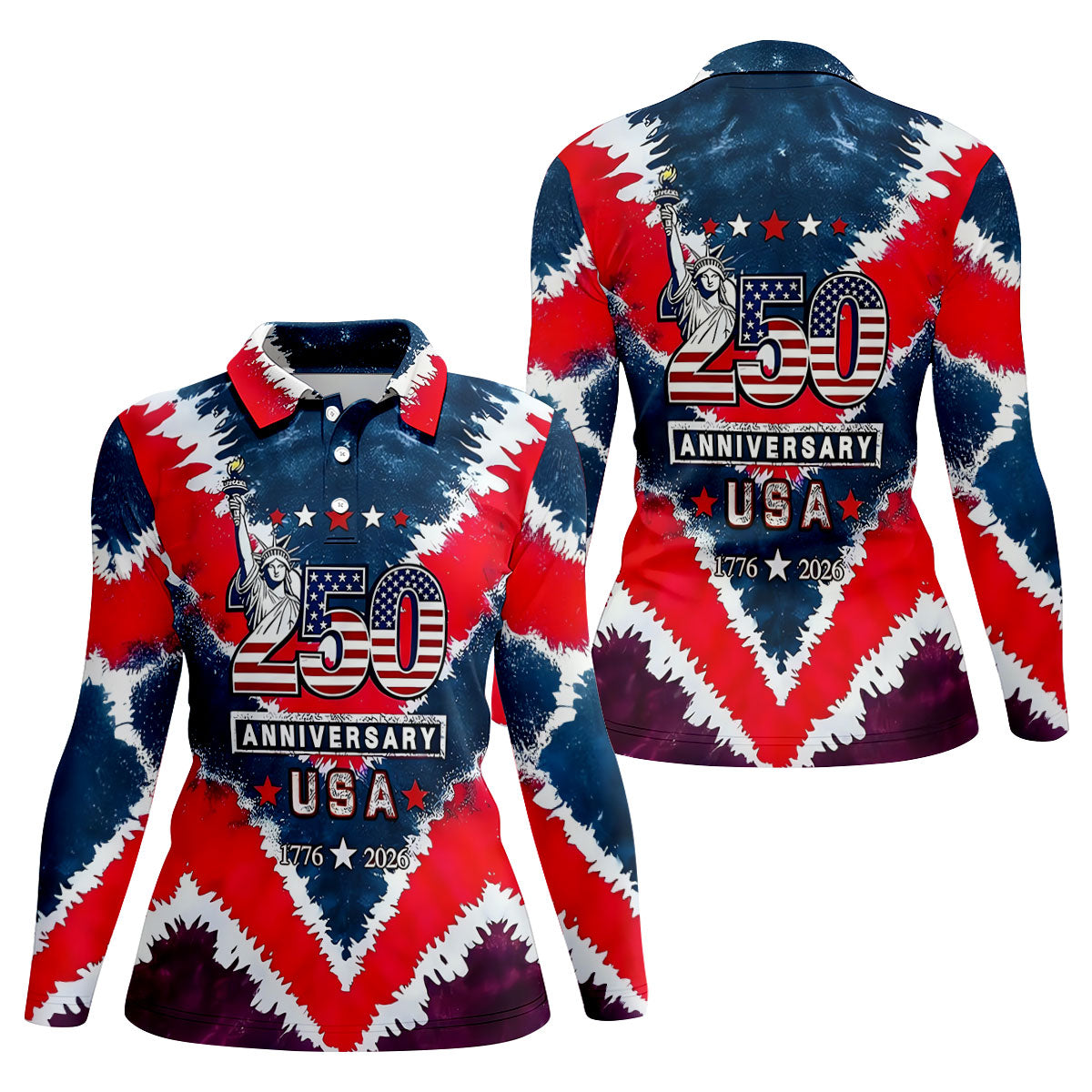 250th Anniversary Red White Blue Tie Dye Print Patriotic Golf Shirt, 4th Of July Golf Shirt For Women