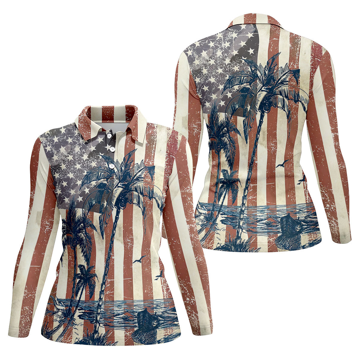 Hawaiian Theme Distressed US Flag Patriotic Golf Shirt, 250 Years 4th Of July Golf Shirt For Women