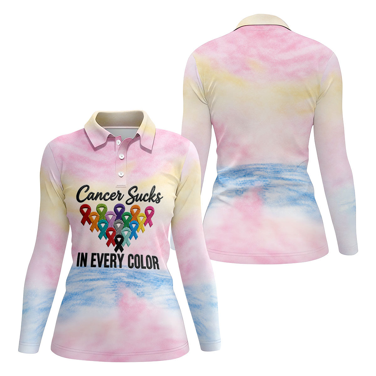 Cancer Sucks In Every Color Ribbon Polo Shirt, Ladies Golf Tops, Women’s Golf Polo