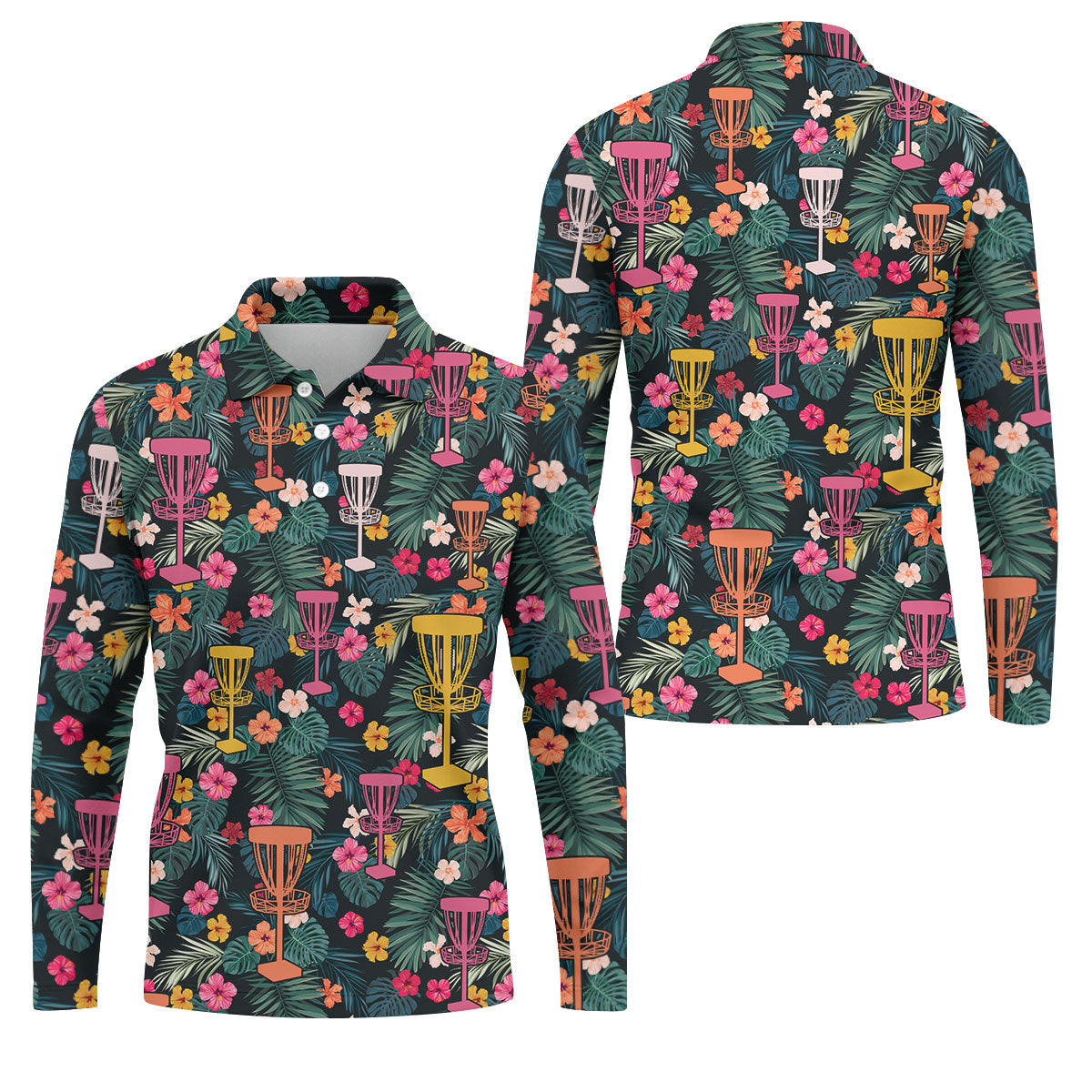 Dark Tropical Disc Golf Basket Polo Shirt, Printed Golf Shirts, Golf Apparel For Men