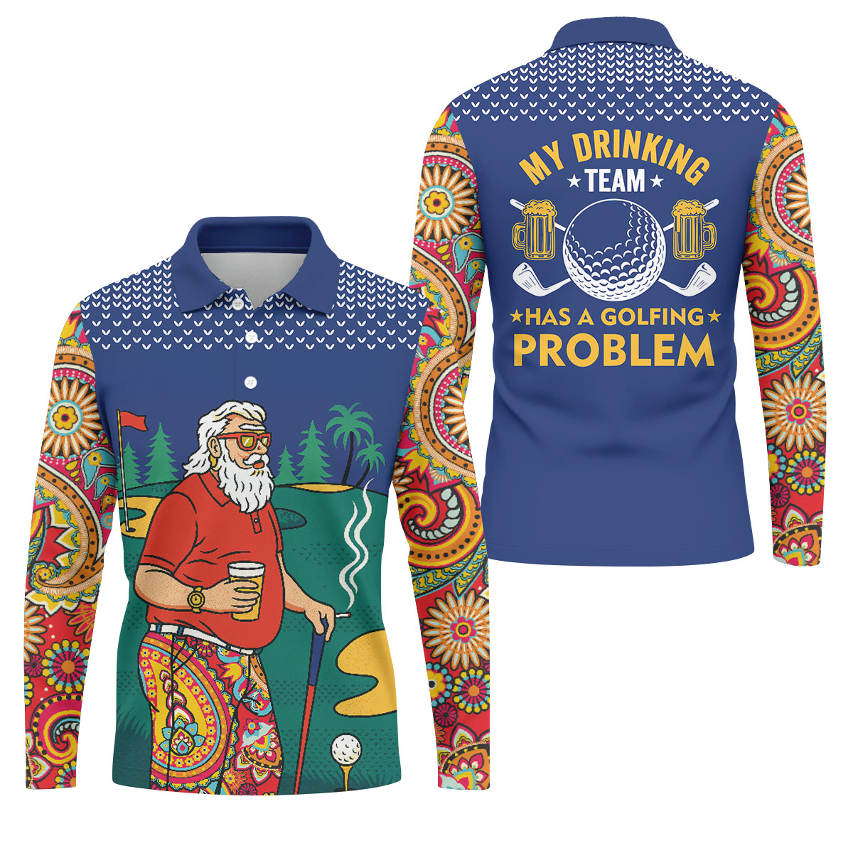 Funny Bearded Golfer Drinking Beer And Smoking Golf Polo, Golf Polo Shirts For Men, Printed Golf Shirts