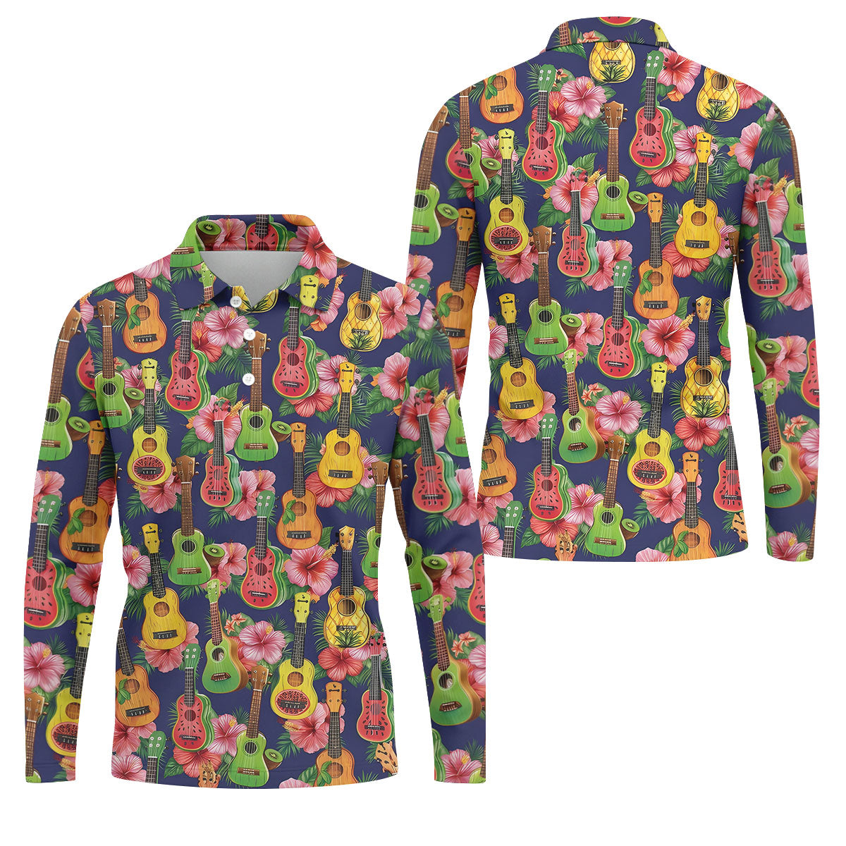 Tropical Ukulele Fruit Pattern 250 Retro Golf Shirt, Hawaiian Vibe Golf Shirts For Men