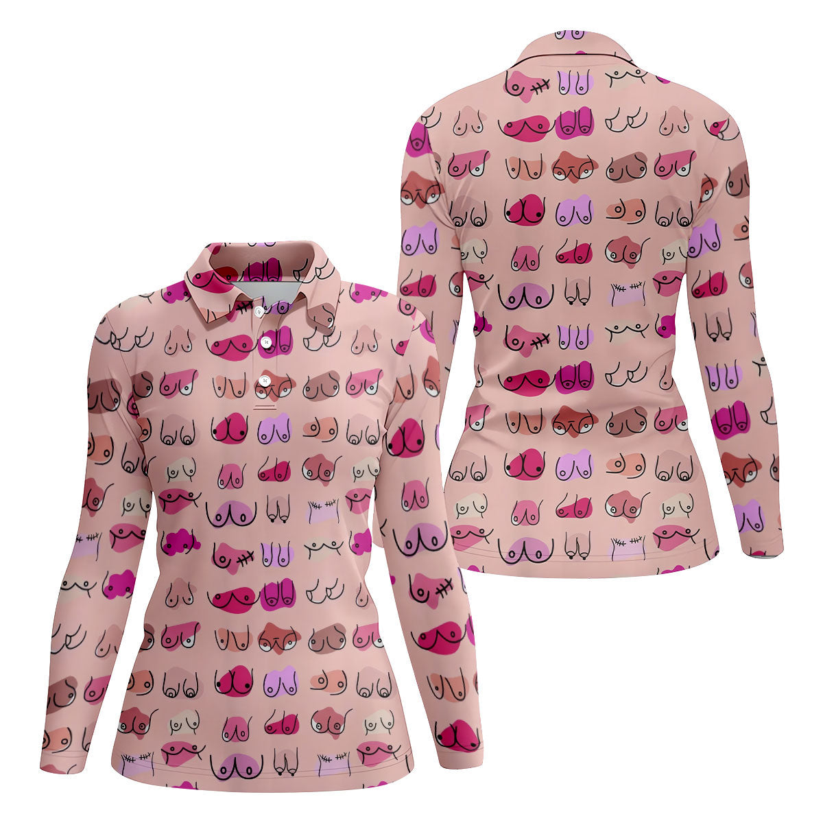 Pink Funny Boob Pattern Golf Polo Shirt, Women's Golf Tops, Golf Polo For Women