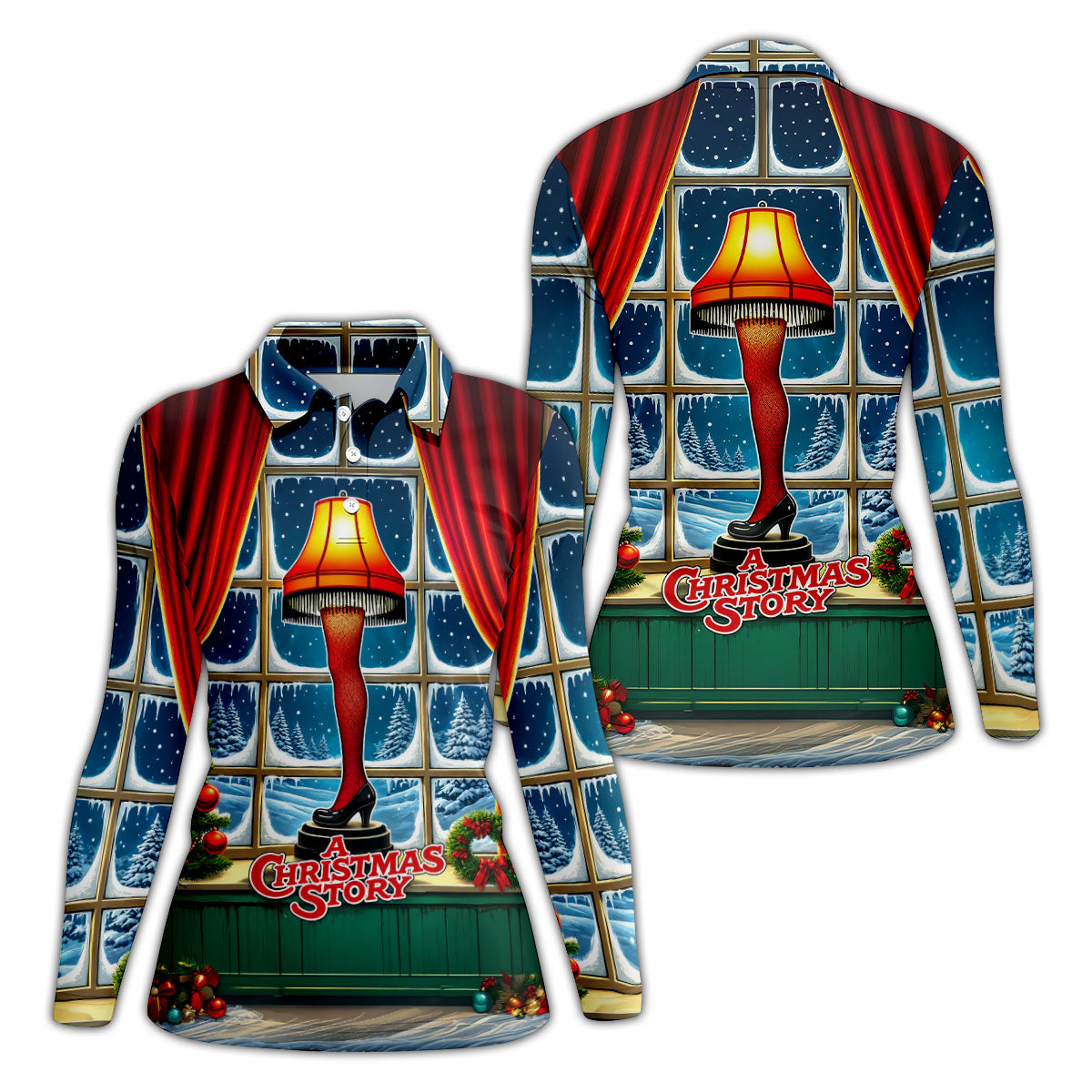 Funny Christmas Leg Lamp Window Golf Polo Shirt, Women’s Golf Polo, Golf Tops For Women