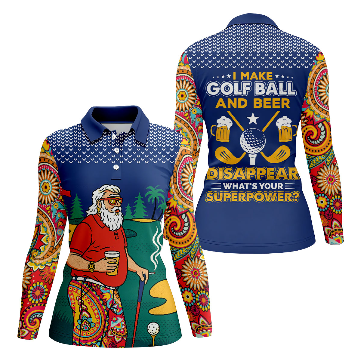 Funny Bearded Golfer Beer Lover Paisley Sleeve Golf Polo, Ladies Golf Shirts, Women’s Golf Apparel