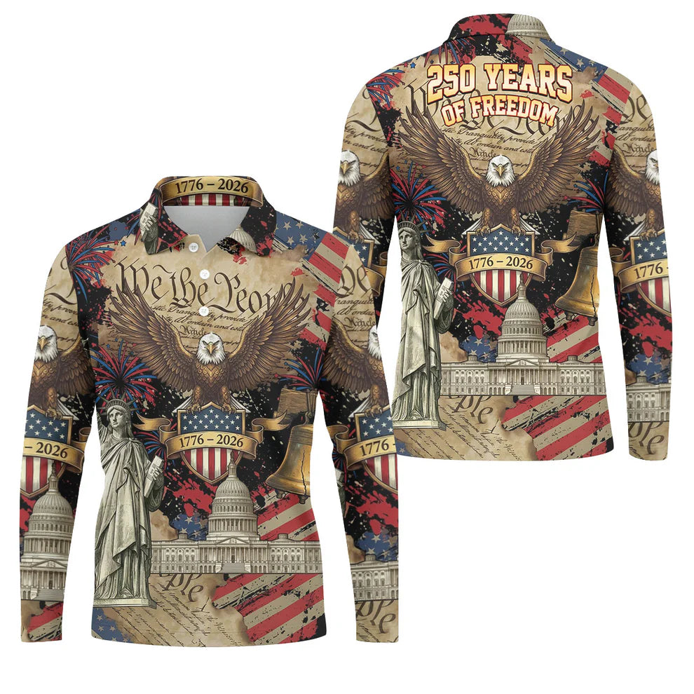 We The People Patriotic Eagle Statue Of Liberty 250 Years Golf Tops For Men, 4th Of July Golf Shirts For Men