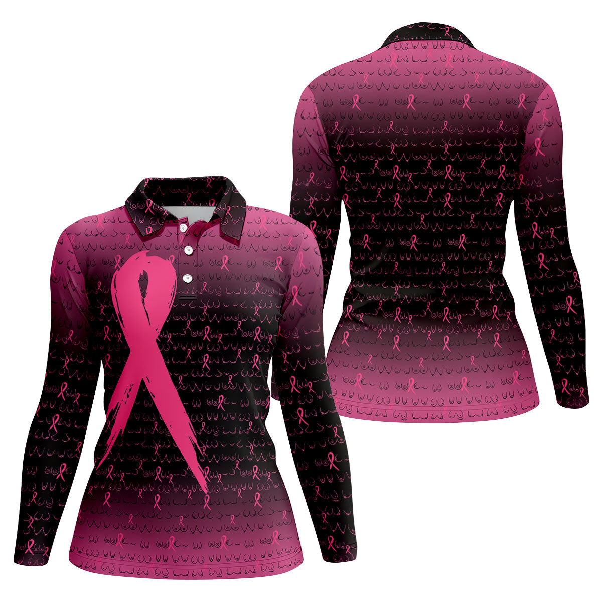 Pink Ribbon Boob Pattern Breast Cancer Polo Shirt, Ladies Golf Tops, Women’s Golf Polo