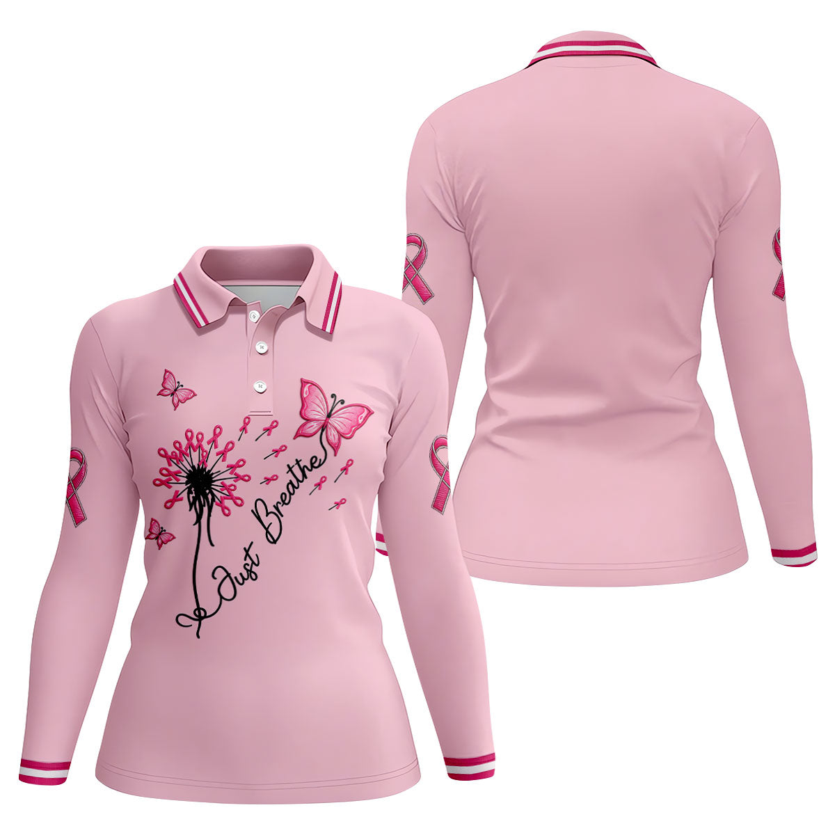Just Breathe Butterfly Pink Ribbon Breast Cancer Polo Shirt, Golf Polo For Women