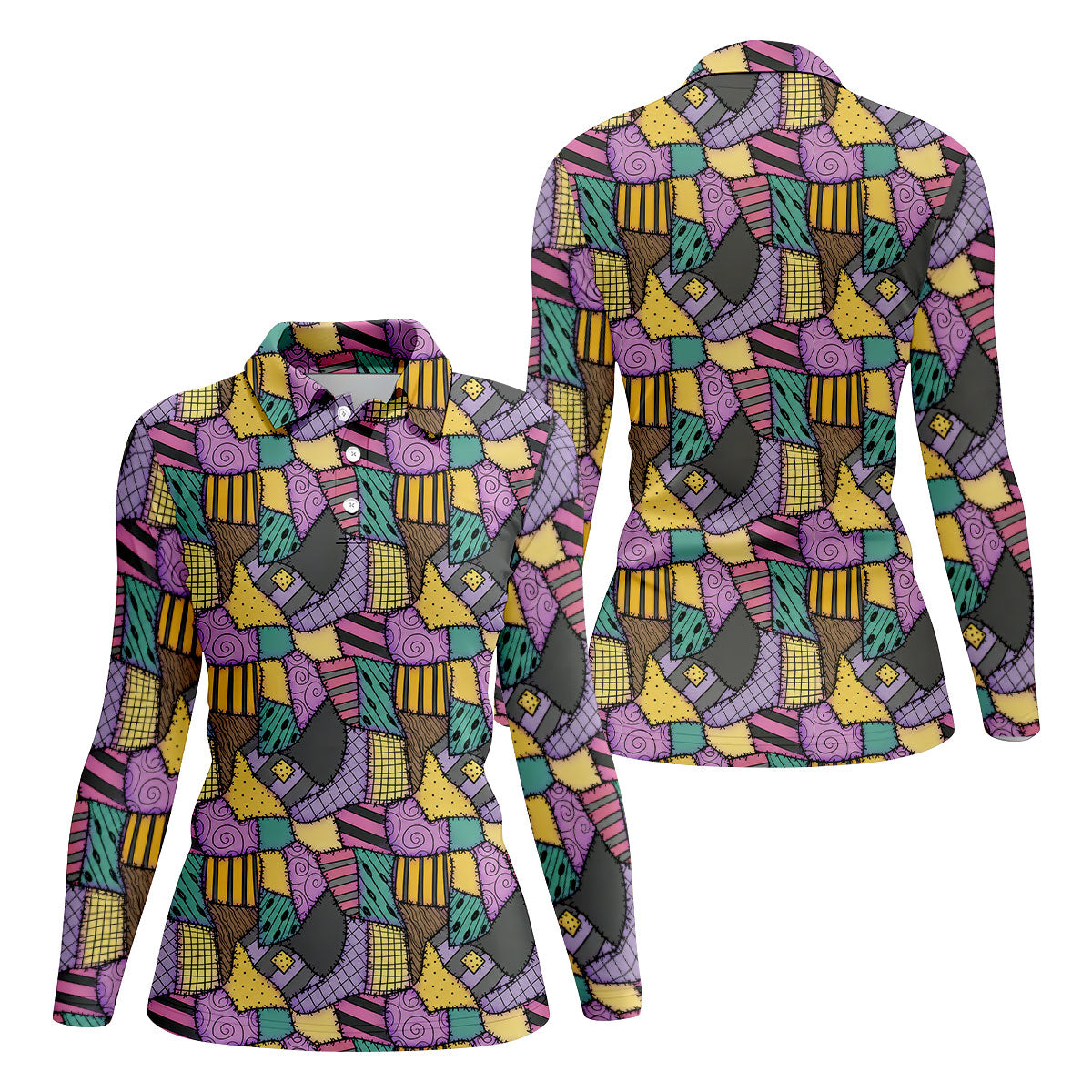 Halloween Patchwork Pattern Golf Polo Shirt, Women's Golf Tops, Golf Polo For Women