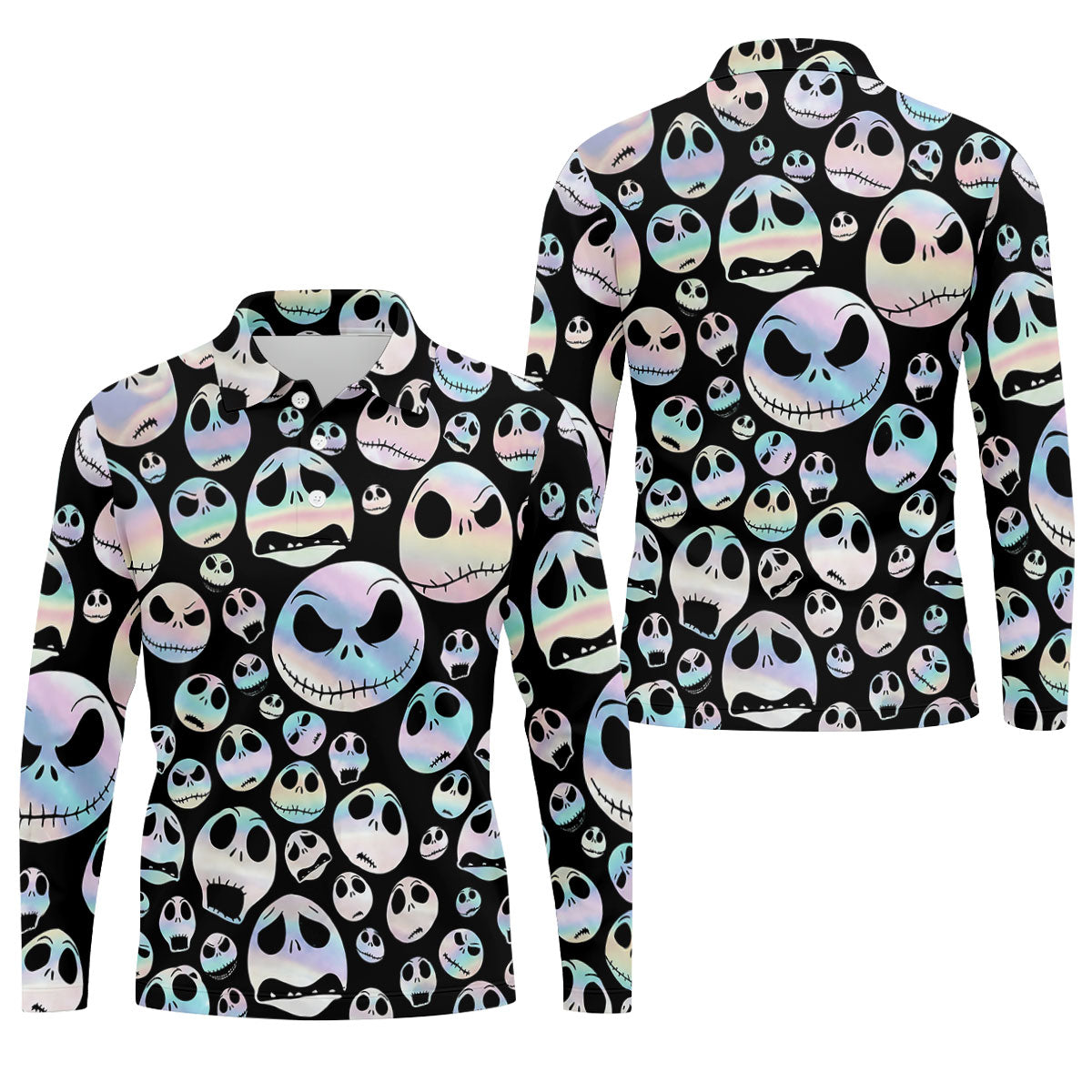 Black Horror Character Skull Face Pattern Golf Polo Shirt, Mens Golf Polo, Printed Golf Shirts