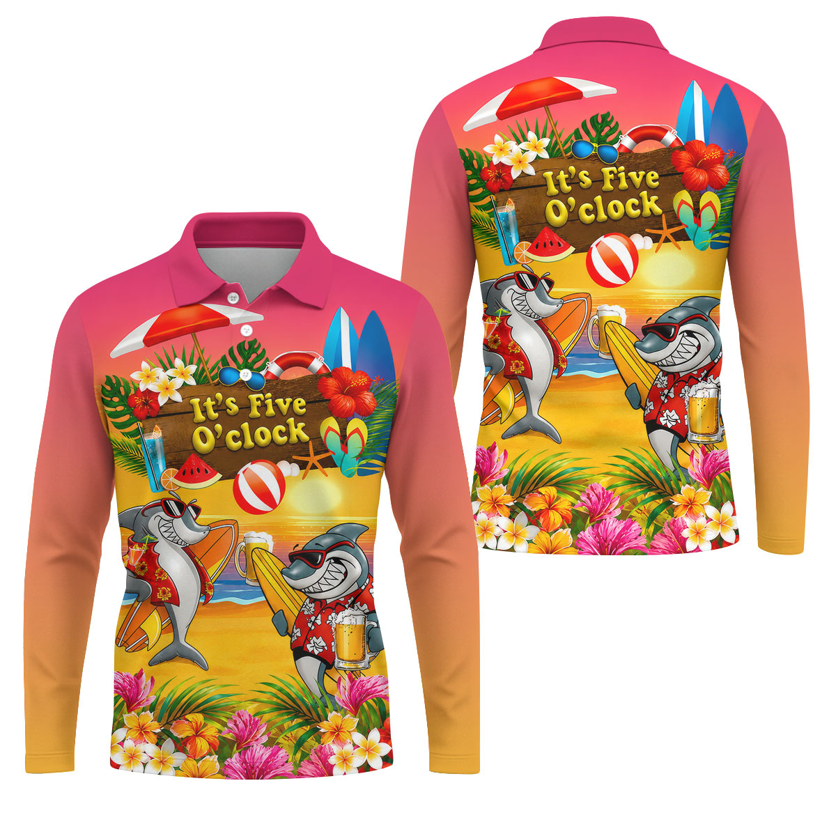 Pink Sunset It's Five O'Clock Beach Shark Golf Polo Shirt, Men's Golf Shirt, Golf Polo Shirts For Men