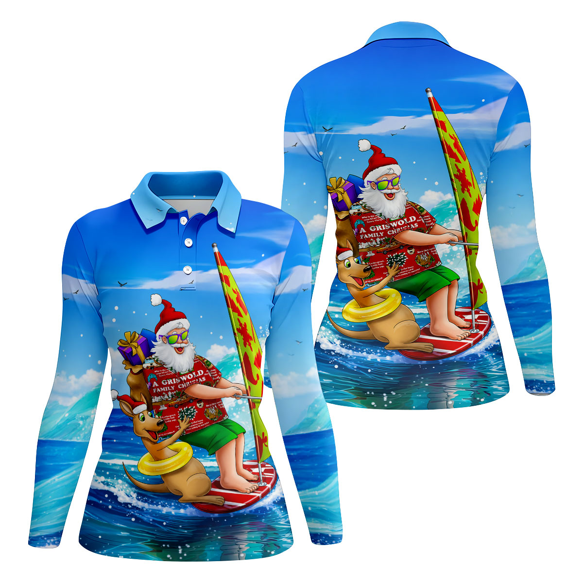 Santa And Reindeer Beach Surfing Christmas Golf Shirt, Women's Golf Tops, Hawaiian Golf Shirt