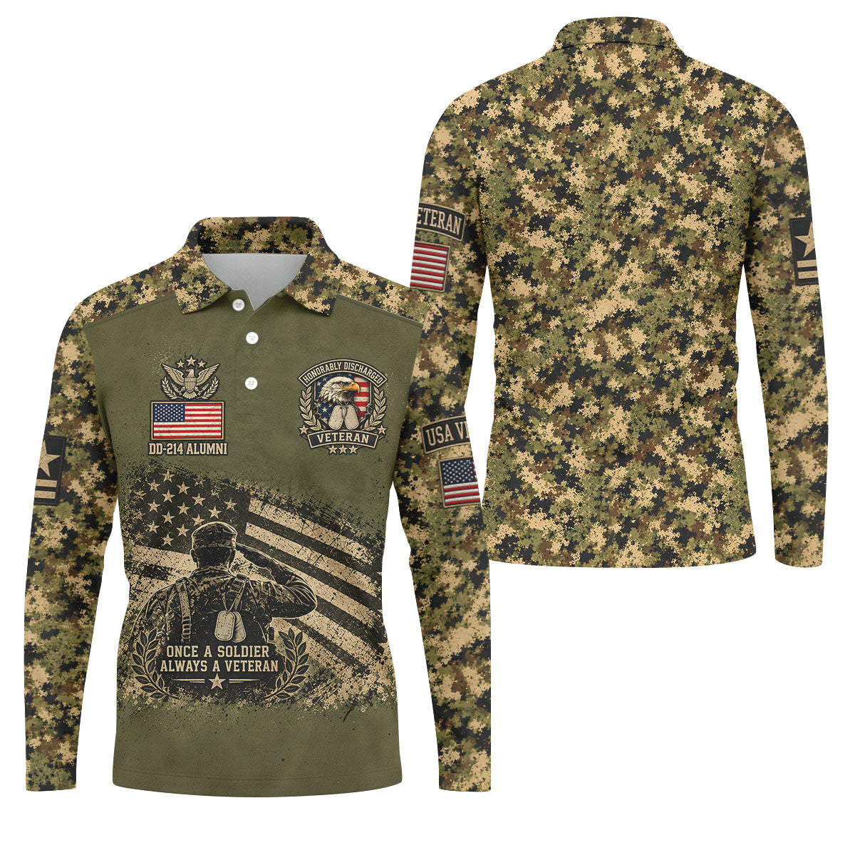 DD-214 Soldier Flag Camo Golf Polo Shirt, Mens Golf Apparel, Veterans Day Golf Shirt