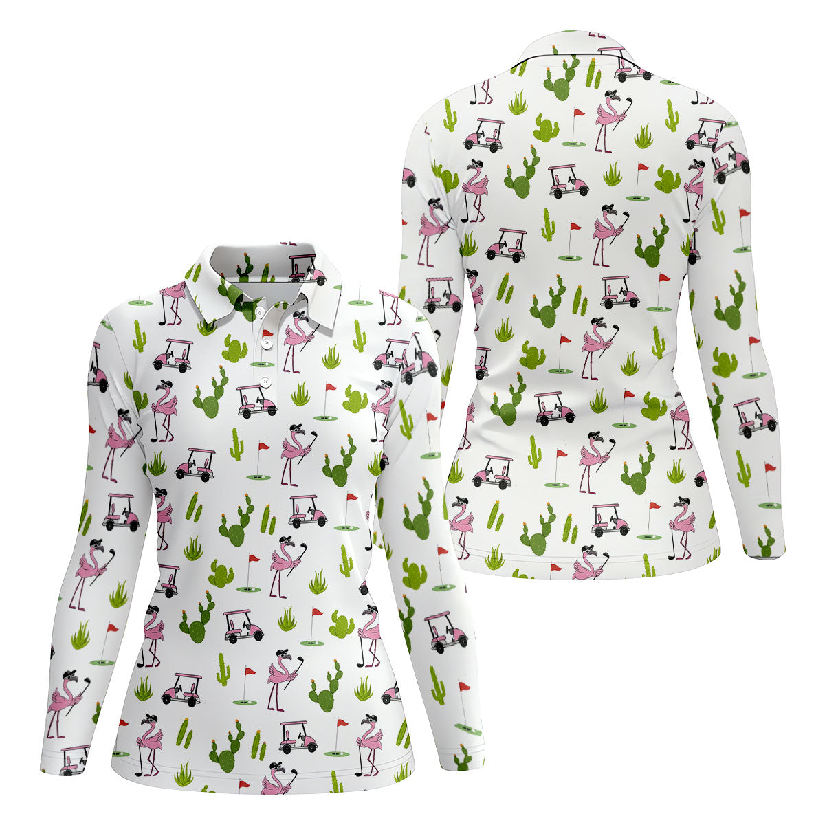 Pink Flamingo Golf Cart Cactus Hawaiian Golf Shirt, Women’s Golf Polo, Performance Golf Shirt