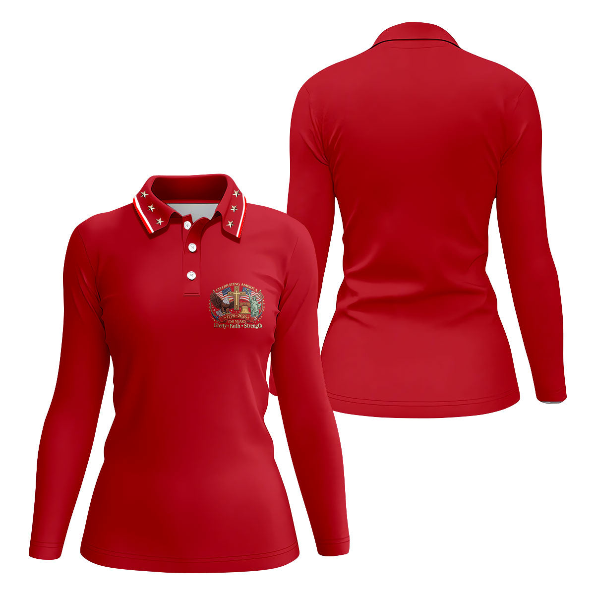 Liberty Faith Strength Faith Cross USA 250 Red Golf Shirt, 4th Of July Golf Shirt For Women