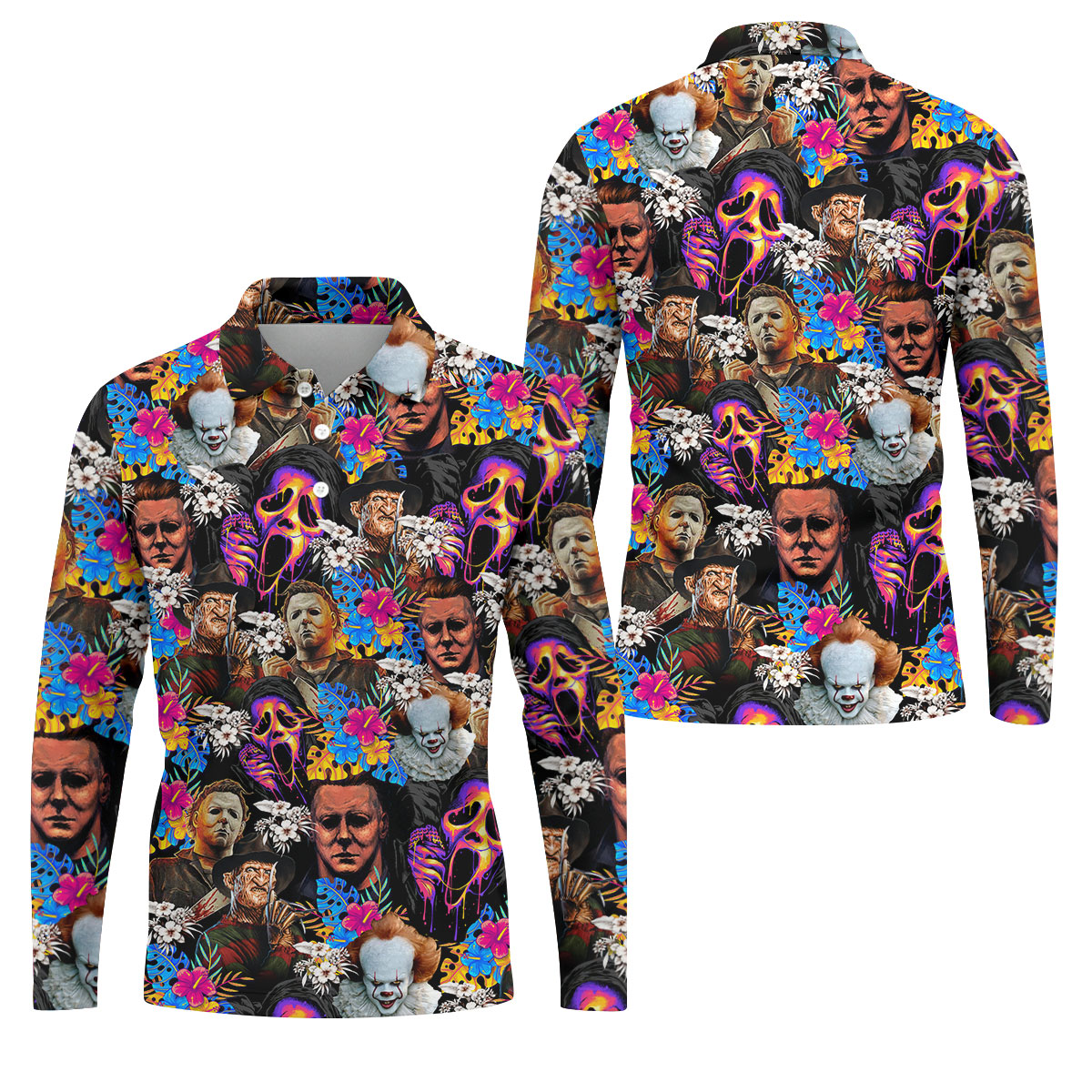Tropical Horror Character Hawaiian Golf Shirt, Men's Golf Shirt, Halloween Golf Polo