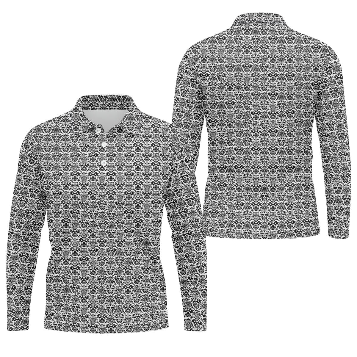 Vintage Monochrome Damask Golf Polo Shirt, Printed Golf Shirts, Mens Golf Shirts