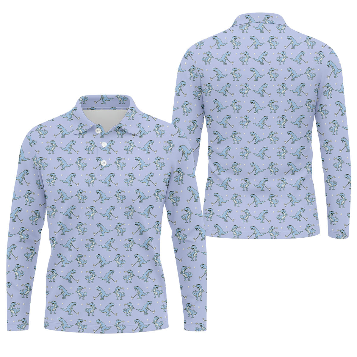 Blue T-Rex Dinosaur Golfer Pattern Golf Polo Shirt, Men's Golf Shirt, Mens Golf Polo