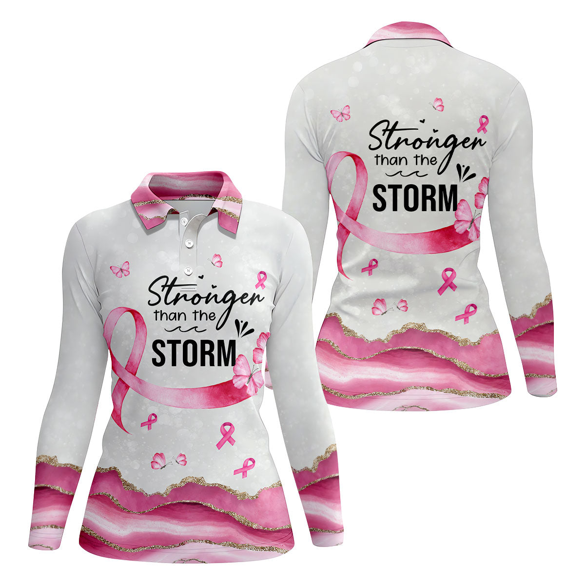 Stronger Than The Storm Breast Cancer Polo Shirt, Golf Tops For Women, Ladies Golf Top