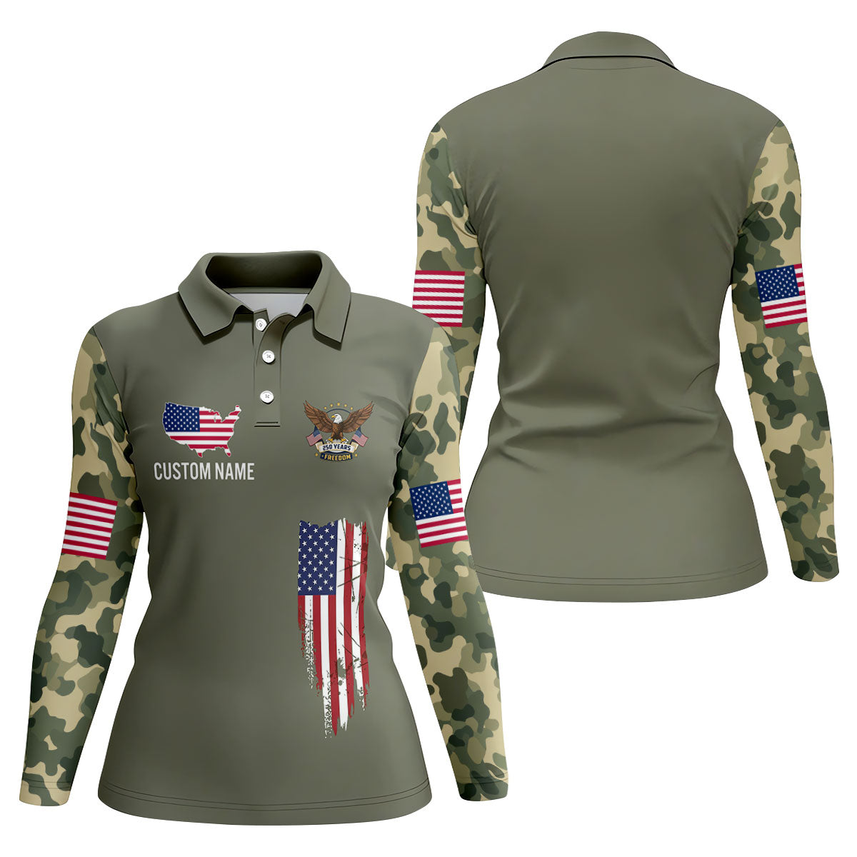 250 Years Freedom Eagle American Flag Camo Golf Shirt, Patriotic 4th Of July Golf Shirt For Women