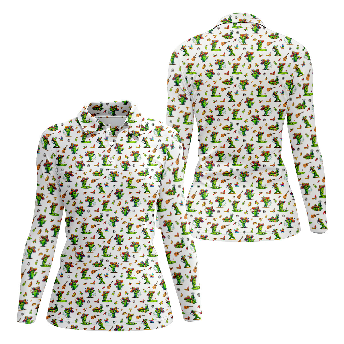 Cartoon Mustach Funny Cactus Cinco De Mayo Celebration Fiesta Themed White Golf Shirt For Women