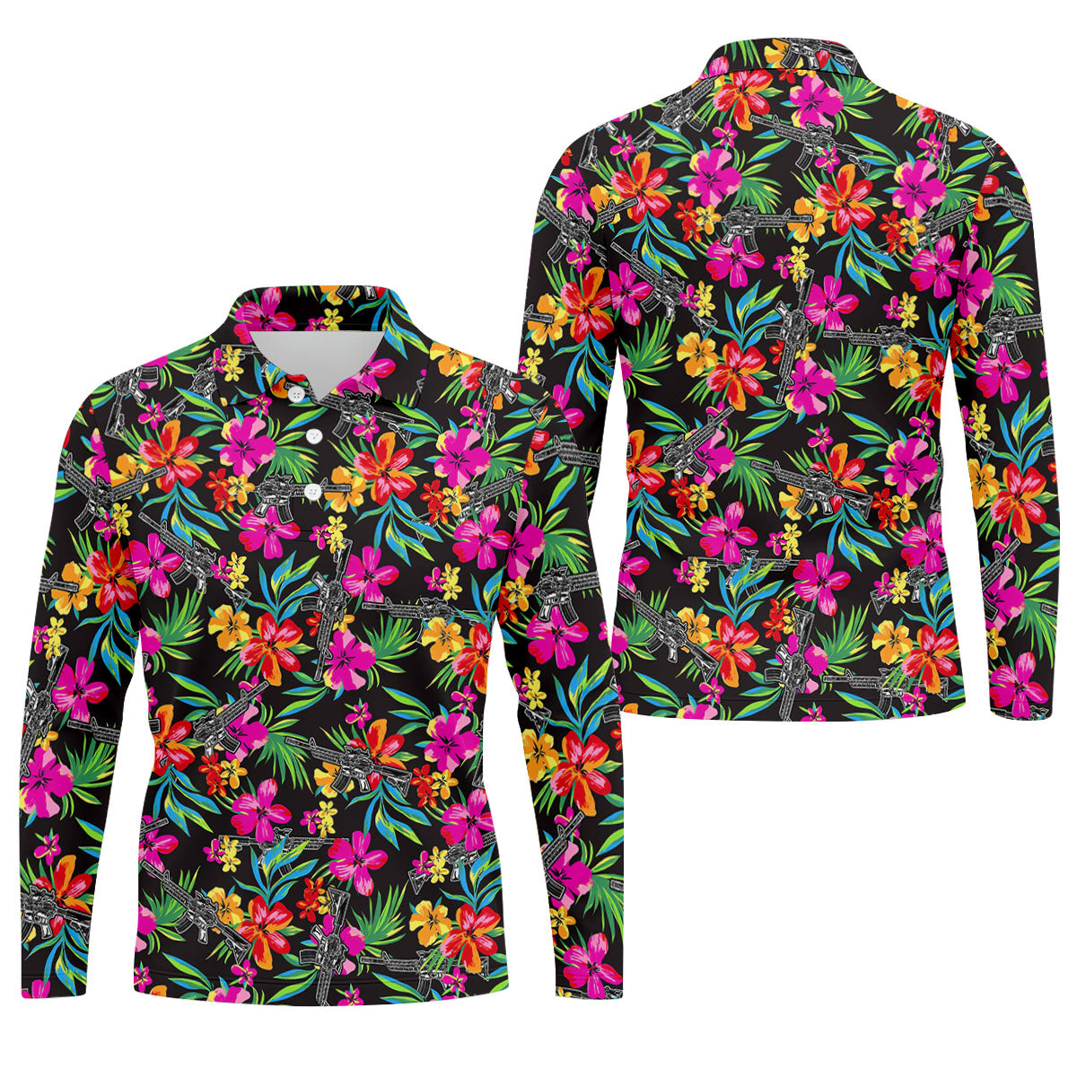 Black Tropical Floral Rifle Pattern Golf Polo Shirt, Men's Golf Shirt, Golf Polo Shirts For Men