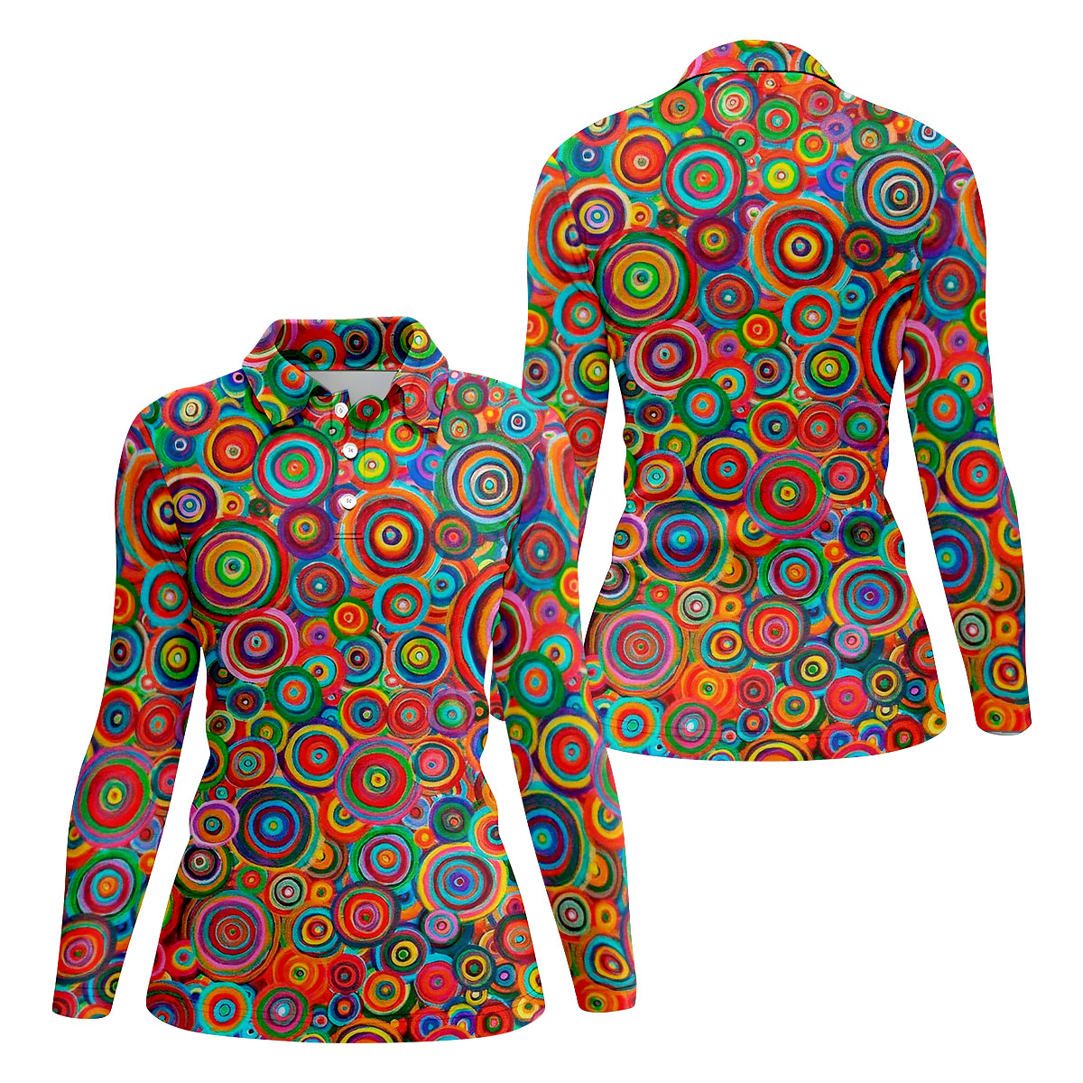 Colorful Abstract Circle Pattern Polo Shirt, Printed Golf Shirt, Hawaiian Golf Shirt, Women’s Golf Tops