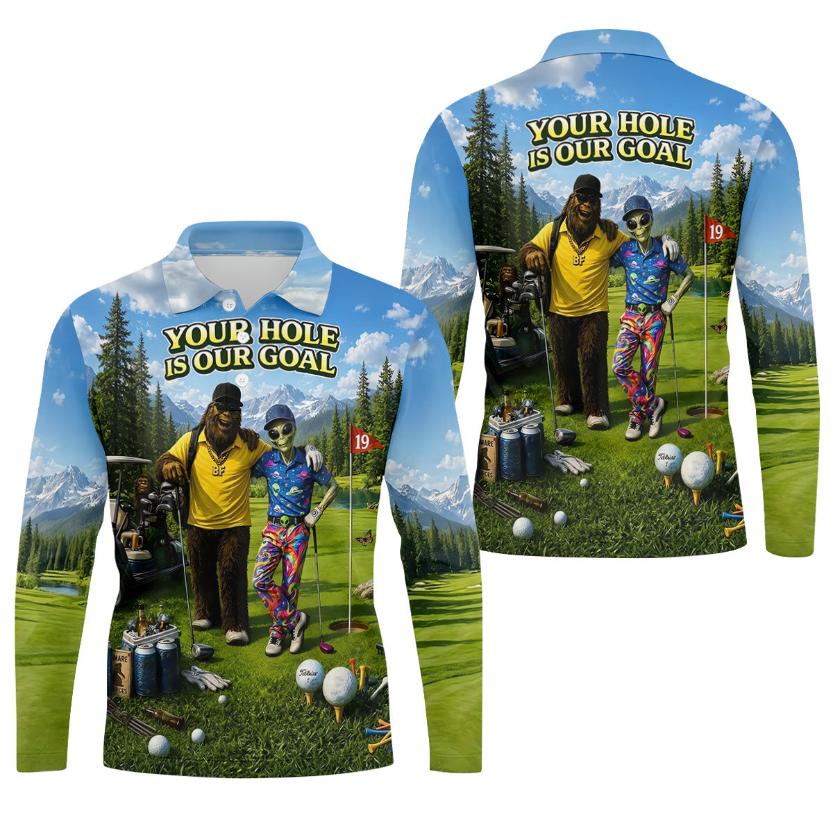 Your Hole Is Our Goal Funny Bigfoot Alien Golf Polo Shirt, Mens Golf Apparel, Golf Shirt