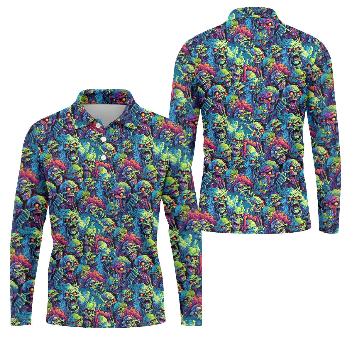 Colorful Zombie Head Pattern Halloween Golf Polo Shirt, Mens Golf Polo, Golf Shirts For Men