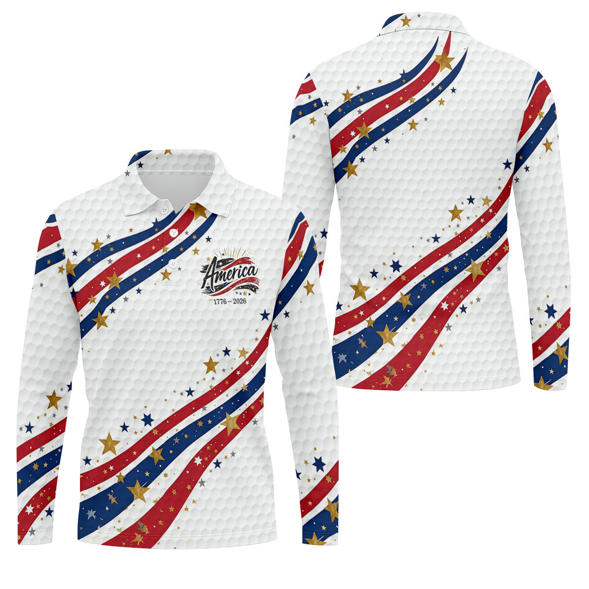 Red White Blue Wavy Stripes Golf Ball Pattern Patriotic Golf Shirt, 250th Anniversary Golf Shirts For Men
