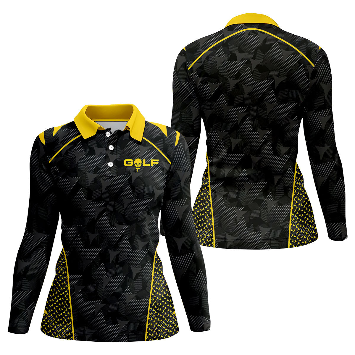 Abstract Triangle Black Yellow Ladies Golf Tops, Golf Shirt For Women, Golfing Apparel