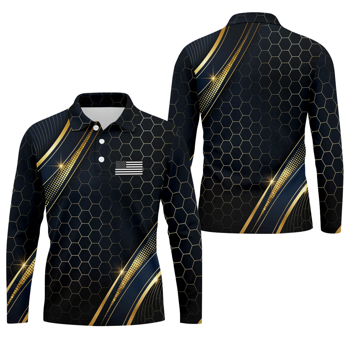 Gold Hexagonal US Flag Logo Retro Golf Shirt, 250 Years Patriotic 4th Of July Golf Shirts For Men