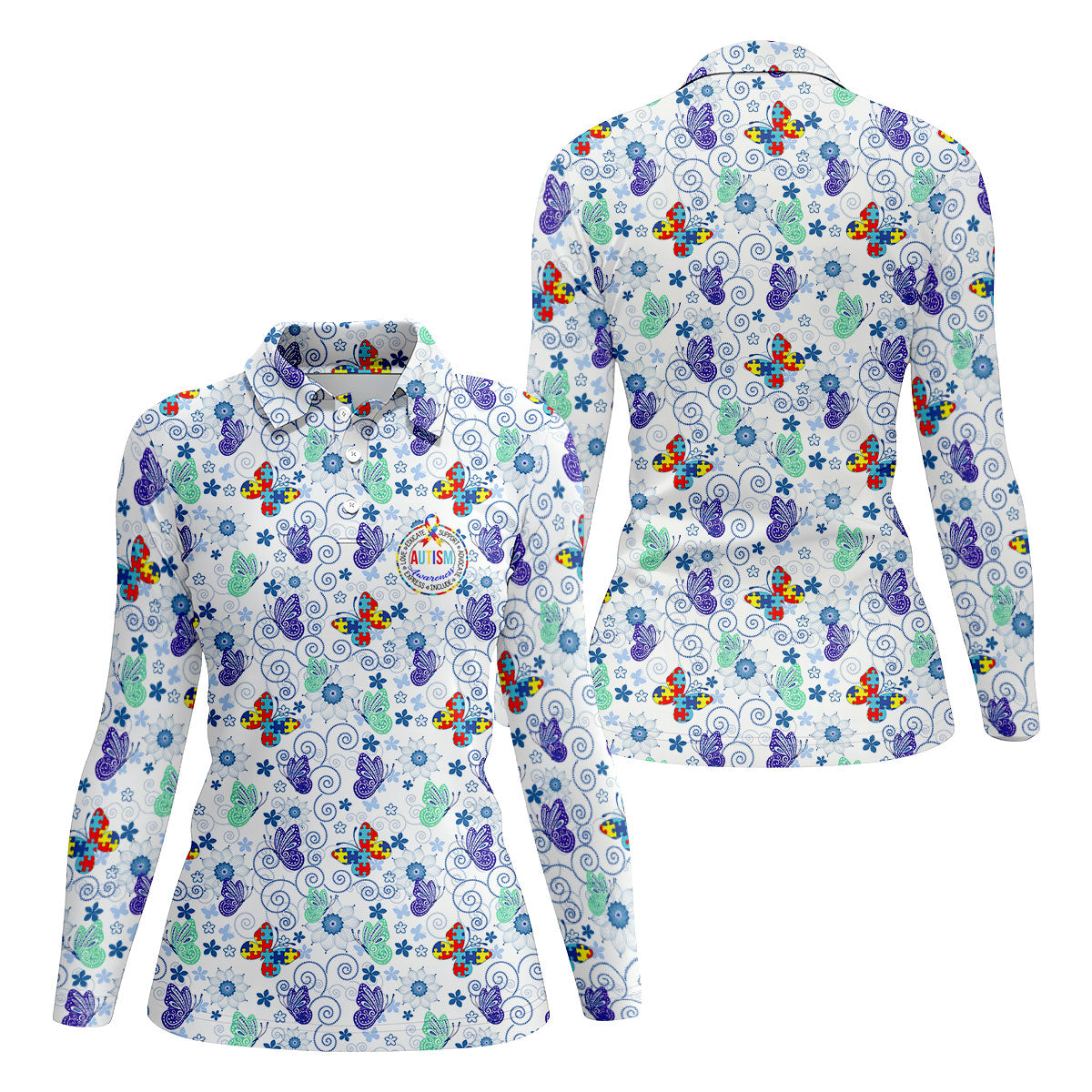 Autism Awareness Colors Puzzles Butterfly Floral Golf Shirt, Women's Golf Tops, Ladies Golf Shirts