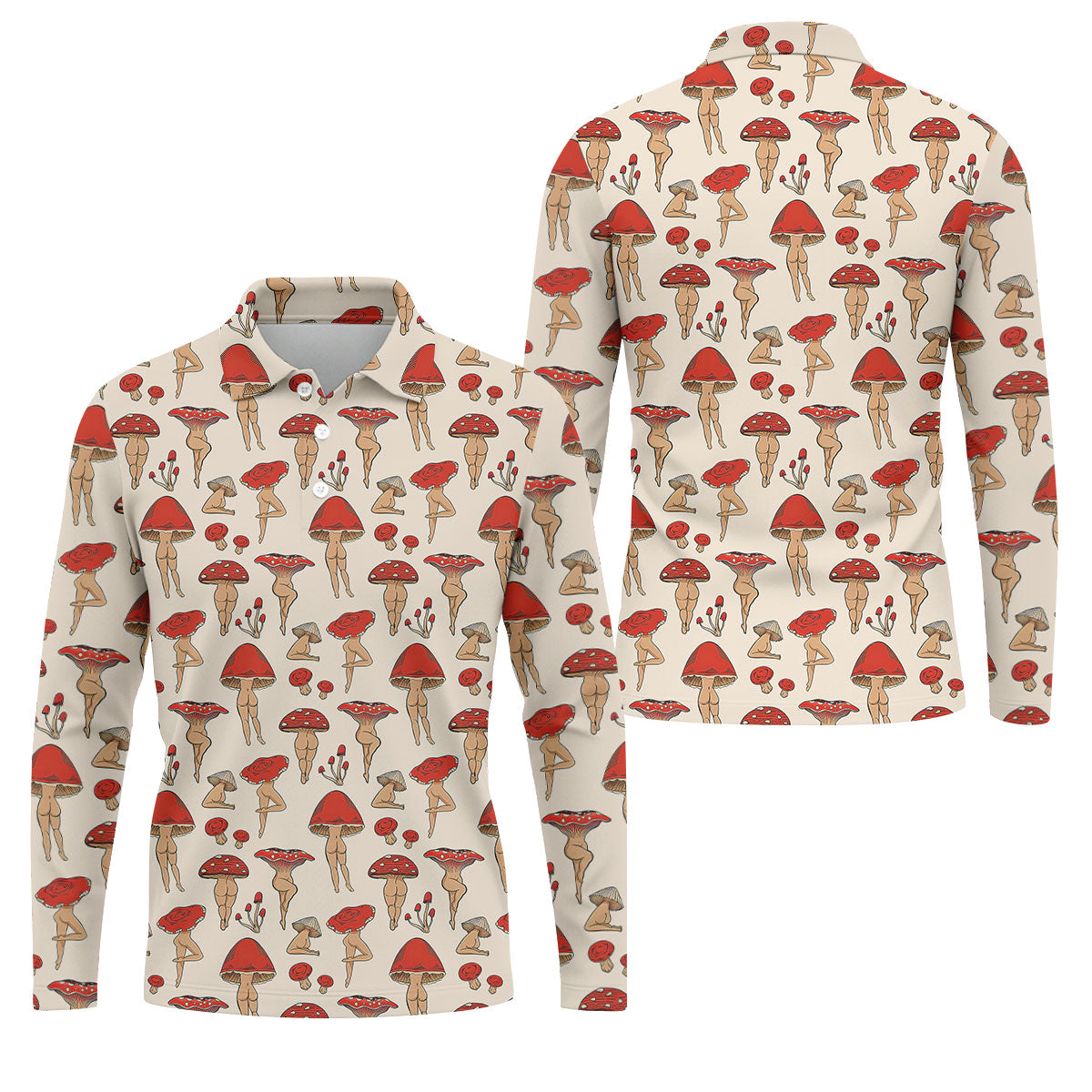 Vintage Mushroom Pin Up Pattern Hawaiian Golf Shirt, Mens Golf Shirts, Golf Apparel For Men