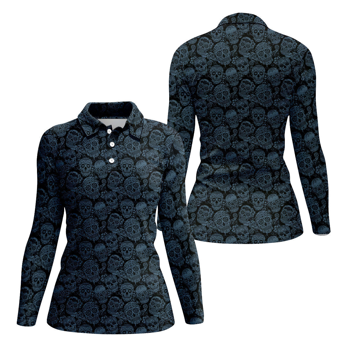 Gothic Sugar Skull Pattern Golf Polo Shirt, Golf Shirts For Women, Women’s Golf Polo