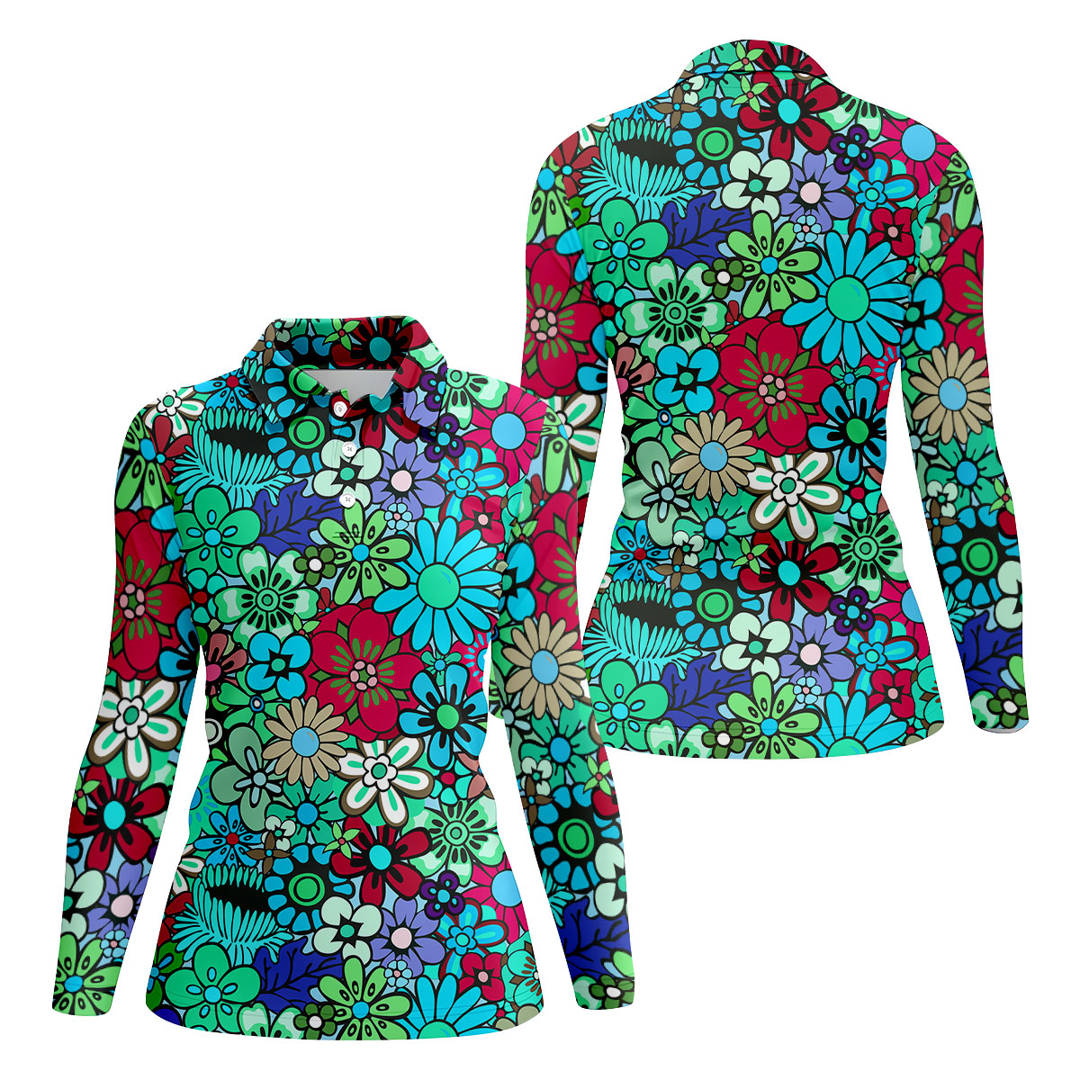 Blue Green Retro Flower Power Golf Shirt, Women’s Golf Polo, Hawaiian Golf Shirt, Golf Tops For Women