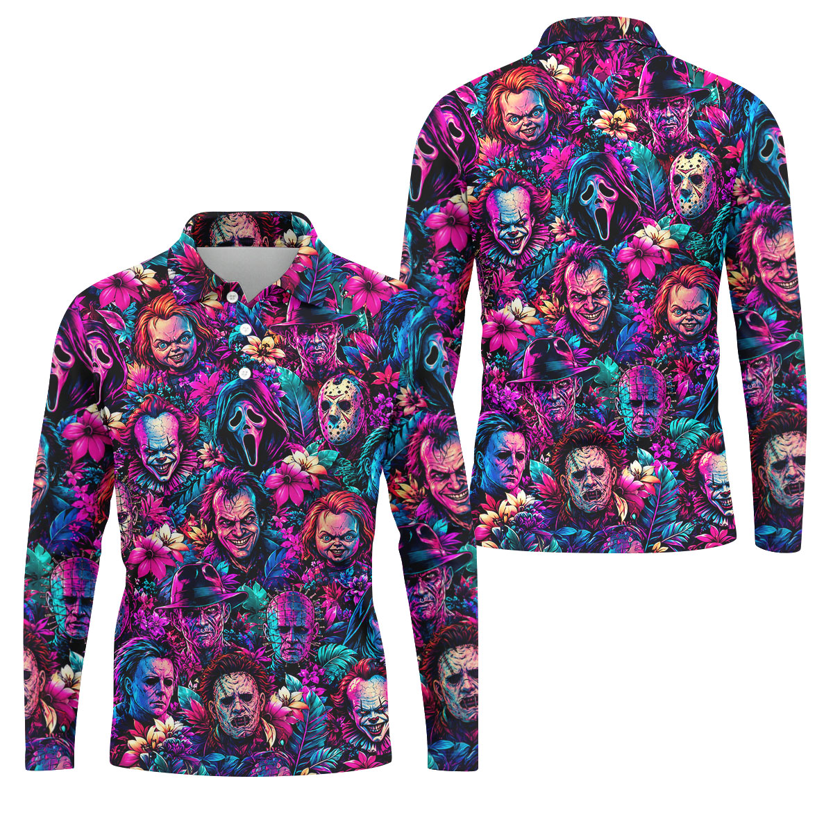 Neon Floral Horror Character Halloween Golf Shirt, Golf Shirts For Men, Mens Golf Apparel