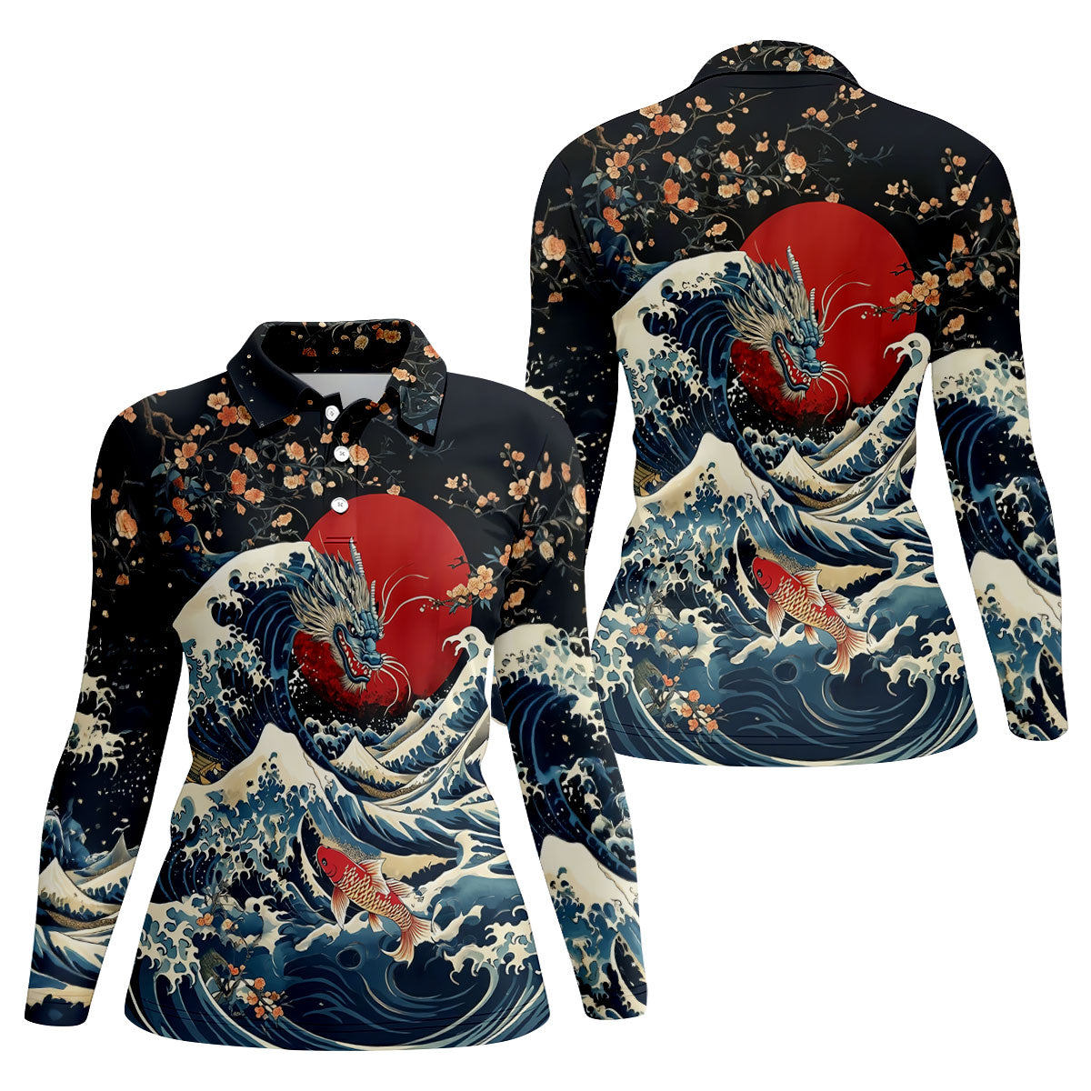 Japanese Dragon Koi Wave Hawaiian Golf Shirt, Golf Tops For Women, Women's Golf Polo