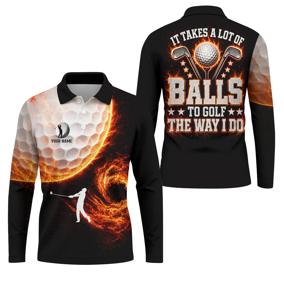Custom Your Name Fire Golf Ball Polo Shirt, Golf Polo Shirts For Men, Mens Golf Apparel
