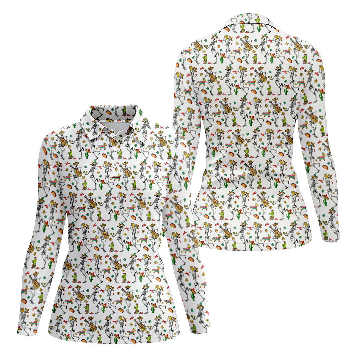 Dia De Muertos Skeletons Cinco De Mayo Celebration Fiesta Themed White Golf Shirt For Women